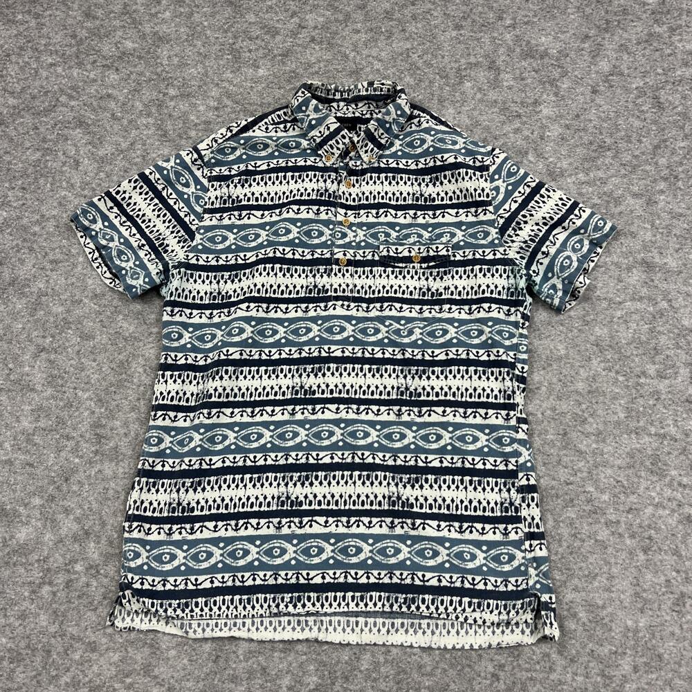 J CREW Shirt Mens L Blue Striped Linen Short Sleeve Button Up Casual Tribal